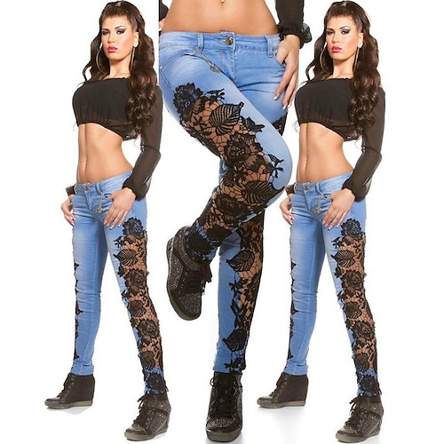 

Women's Tights Cotton Light blue black lace Light blue white lace High Waist Fashion Streetwear Daily Wear Going out Full Length Outdoor Solid Colored XS S M L XL