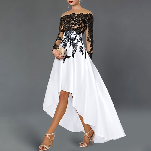 

A-Line Cocktail Dresses Elegant Dress Wedding Party Asymmetrical 3/4 Length Sleeve Off Shoulder Satin with Beading Embroidery Appliques 2022