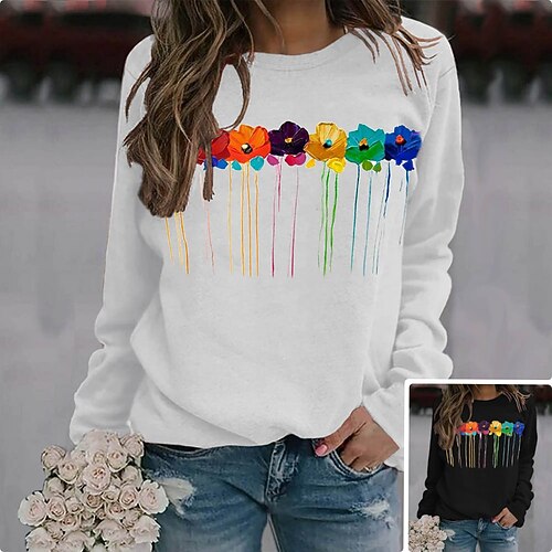

Women's Sweatshirt Pullover Streetwear White Black Floral Christmas Round Neck Long Sleeve S M L XL 2XL