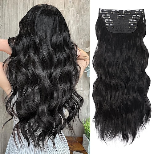 

Clip in Long Wavy Hair Extensions Synthetic 4PCS Thick Hairpieces for Women 20 Inch Long Fiber Hair Extension for Daily Party Use