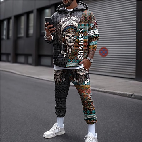 

Men's Tracksuit Hoodies Set Gray Hooded Graphic Skull 2 Piece Print Sports & Outdoor Casual Sports 3D Print Basic Streetwear Designer Fall Spring Clothing Apparel Hoodies Sweatshirts