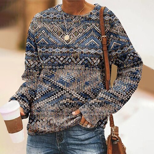 

Women's Sweatshirt Pullover Basic Ethnic Green Blue Purple Geometric Street Round Neck Long Sleeve S M L XL 2XL 3XL