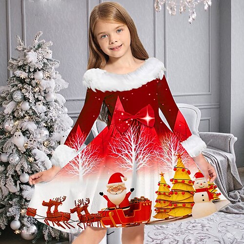 

Kids Girls' Christmas Dress Santa Claus Casual Dress Above Knee Dress Christmas Gifts Fur Trim Crew Neck Long Sleeve Adorable Dress 2-13 Years Winter Wine