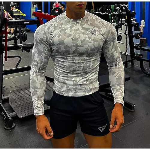 

Men's Workout Shirt Running Shirt Long Sleeve Top Athletic Athleisure Winter Breathable Quick Dry Soft Running Jogging Training Sportswear Activewear Camo / Camouflage Dark Grey Black Light Grey