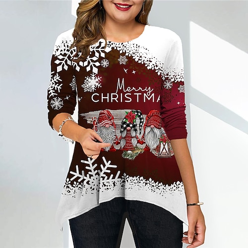

Women's Plus Size Christmas Tops T shirt Tee Letter Deer Print Long Sleeve Crew Neck Casual Holiday Festival Daily Cotton Spandex Jersey Winter Fall Green Blue