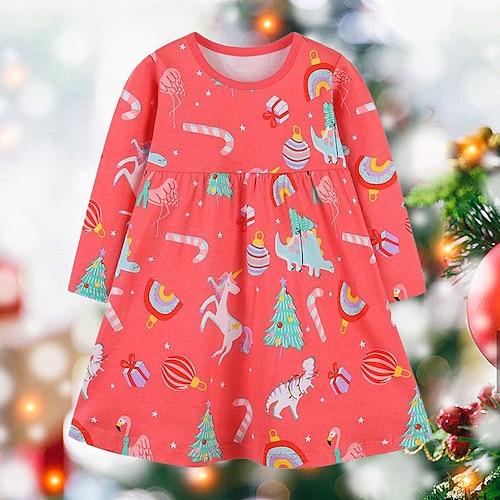 

Kids Girls' Ugly Christmas Dress Unicorn A Line Dress Asymmetrical Dress Christmas Cotton Long Sleeve Sweet Dress 2-8 Years Winter Red