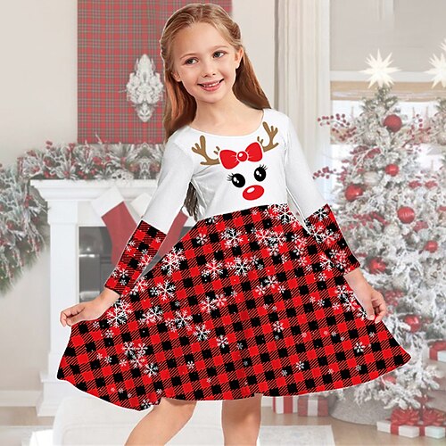 

Kids Girls' Christmas Dress Plaid Casual Dress Above Knee Dress Christmas Gifts Crewneck Long Sleeve Adorable Dress 2-13 Years Winter Red