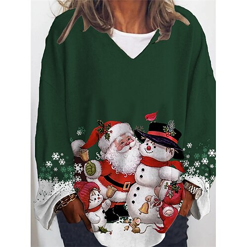 

Women's Plus Size Christmas Tops T shirt Tee Santa Claus Snowman Print Long Sleeve V Neck Casual Festival Daily Cotton Spandex Jersey Winter Fall Green Wine