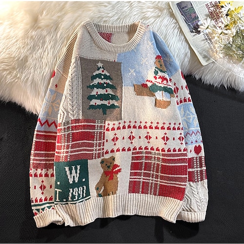 

Women's Pullover Sweater Jumper Ribbed Knit Knitted Animal Crew Neck Stylish Casual Outdoor Christmas Winter Fall Red Beige S M L