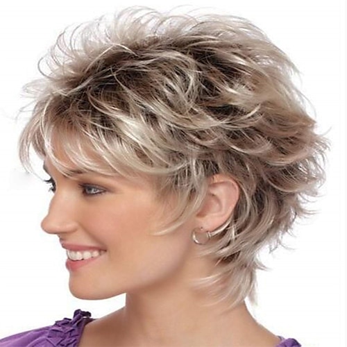 

Short Blonde Pixie Cut Wigs for White Women Dark Brown Ombre Blonde Synthetic Hair Wigs Natural Looking Wig