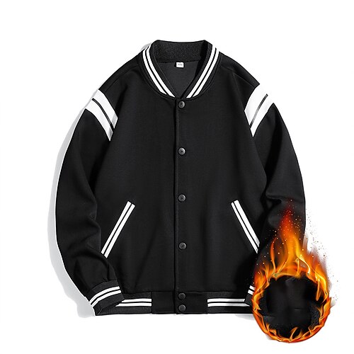 

Men's Varsity Jacket Soft Outdoor Casual / Daily School Sport Daily Wear Single Breasted Standing Collar Warm Ups Comfort Jacket Outerwear Stripes Button Pocket Black Green