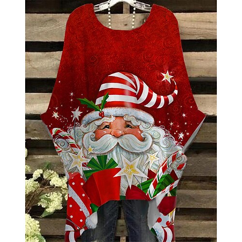 

Women's Plus Size Christmas Tops T shirt Tee Plaid Santa Claus Print Half Sleeve Crew Neck Casual Festival Daily Cotton Spandex Jersey Winter Fall Green Wine