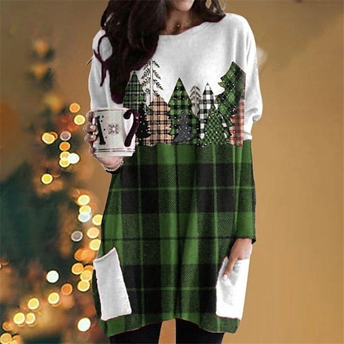 

Women's Christmas Casual Dress T Shirt Dress Tee Dress Shift Dress Mini Dress Green Light Red Fuchsia Long Sleeve Plaid Pocket Winter Fall Autumn Crew Neck Daily Vacation Loose Fit 2022 XS S M L XL