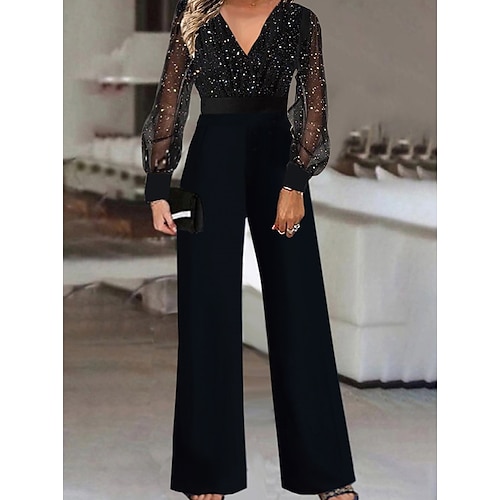 

Women's Jumpsuit Polka Dot V Neck Elegant Party Prom Straight Regular Fit Long Sleeve Black S M L Winter