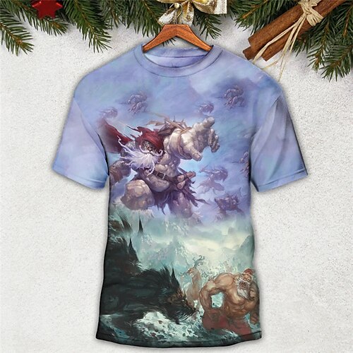 

Men's T shirt Tee Animal Santa Claus Graphic Prints Crew Neck Blue Brown 3D Print Outdoor Christmas Short Sleeve Print Clothing Apparel Sports Designer Casual