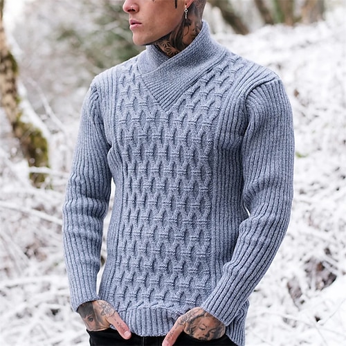 

Men's Sweater Pullover Sweater Jumper Ribbed Knit Cropped Knitted Solid Color Crossover Collar Keep Warm Modern Contemporary Work Daily Wear Clothing Apparel Fall & Winter Light Grey Blue S M L
