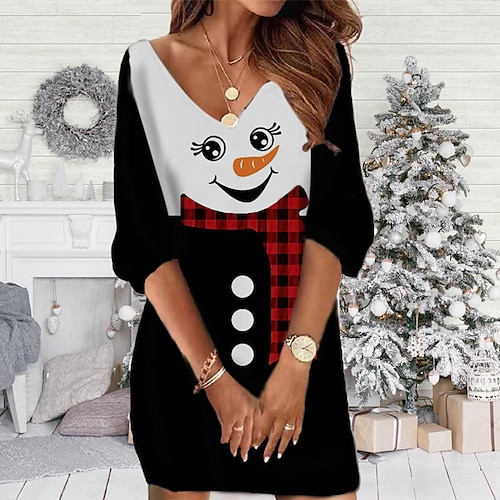 

Vestido de moletom de natal feminino vestido curto mini vestido preto manga 3/4 de comprimento xadrez estampa de boneco de neve outono inverno decote v férias casual folgado ajuste 2022 s m l xl xxl