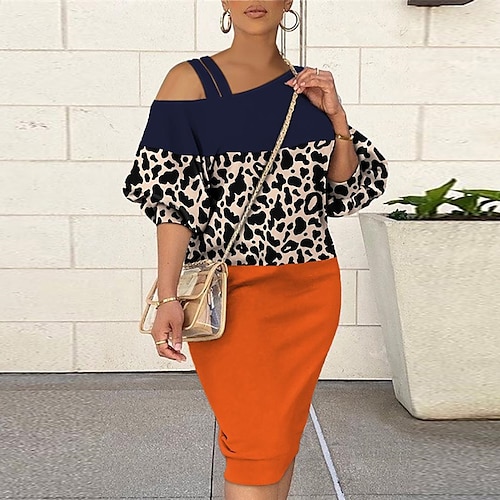 

kvinners bodycon slire formell kjole mini formell kjole oransje langermet leopard kald skulder sommer vår kald skulder mote løs passform 2023 s m l xl xxl 3xl