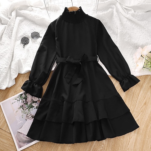 

Kids Girls' Dress Solid Color A Line Dress Knee-length Dress Casual Crew Neck Long Sleeve Casual Dress 5-12 Years Winter Black Dark Grey