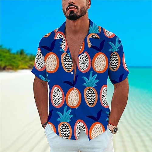 

Men's Shirt Fruit Pineapple Graphic Prints Turndown Green Royal Blue 3D Print Outdoor Street Short Sleeve Button-Down Print Clothing Apparel Fashion Designer Hawaiian Soft