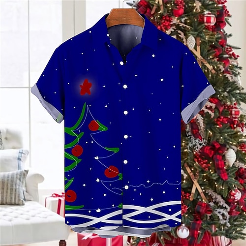 

Men's Shirt Tree Graphic Prints Turndown Blue Wine 3D Print Christmas Street Short Sleeves Button-Down Print Clothing Apparel Fashion Designer Casual Soft / Spring / Summer