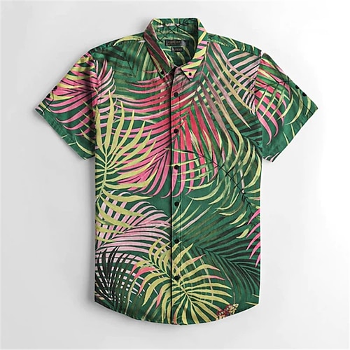 

Men's Shirt Floral Graphic Prints Leaves Turndown Green Black Blue Dark Green 3D Print Outdoor Street Short Sleeves Button-Down Print Clothing Apparel Tropical Fashion Hawaiian Soft