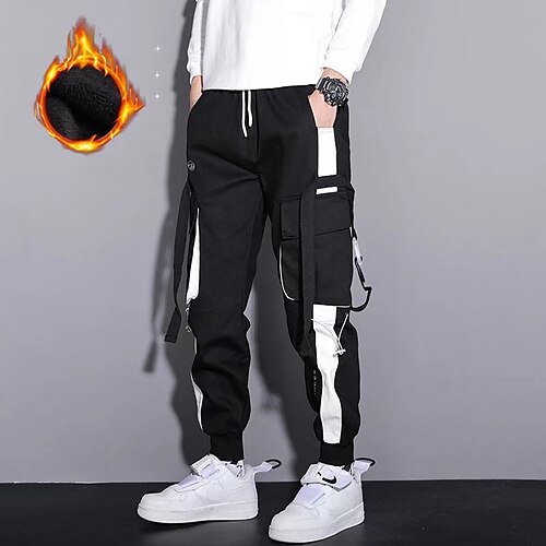 

Men's Cargo Pants Fleece Pants Joggers Winter Pants Trousers Drawstring Multi Pocket Ribbon Color Block Warm Wearable Daily Holiday Going out Sports Fashion Black White