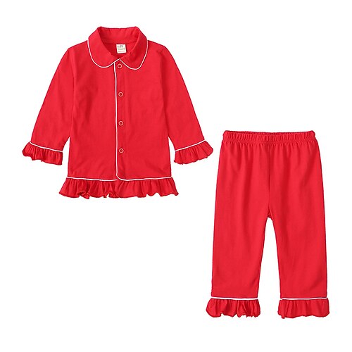 

Toddler Girls' Pajama Set Long Sleeve Red Solid Color Winter Fall Active Home 3-7 Years