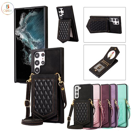 

telefon Etui Til Samsung Galaxy Bagcover S22 Ultra Plus S21 FE S20 A53 A52 Note 20 Ultra Samsung A13 5G A51 Bærbar Spejl Anti-tyveri Ensfarvet TPU PU Læder