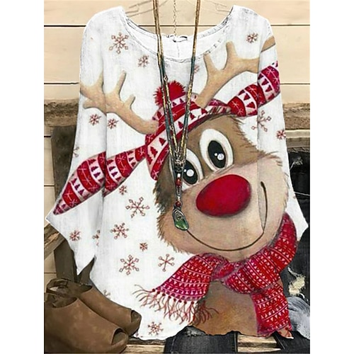 

Women's Plus Size Christmas Tops Blouse Shirt Animal Deer Print Long Sleeve Casual Holiday Daily Polyester Winter Fall White / Vacation