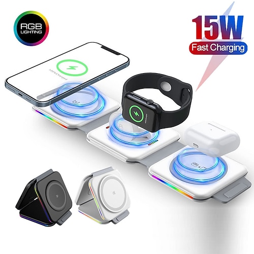 

3 in 1 Magnetic Foldable Wireless Charger Folding Fast Wireless Charging Station Dock with RGB Light for Travel Compatible with iPhone 14 13 12 11/Pro/XS/XR/8 AirPods 3/2/Pro iWatch 7/6/5/4/3/2