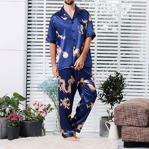 

Men's Sleepwear Silk Pajama 2 Pieces Dragon Simple Comfort Home Daily Faux Silk Breathable Lapel Short Sleeve Pant Pocket Fall Spring Black Blue