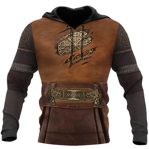 

Men's Pullover Hoodie Sweatshirt Brown Hooded Graphic Prints Viking Print Daily Sports 3D Print Basic Streetwear Designer Spring Fall Clothing Apparel Hoodies Sweatshirts Long Sleeve