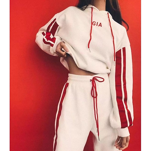 

Women's Sweatshirt Tracksuit Pants Sets Sweatpants Joggers Streetwear Red White Sports Outdoor Casual Color Block Drawstring Print Hooded S M L XL