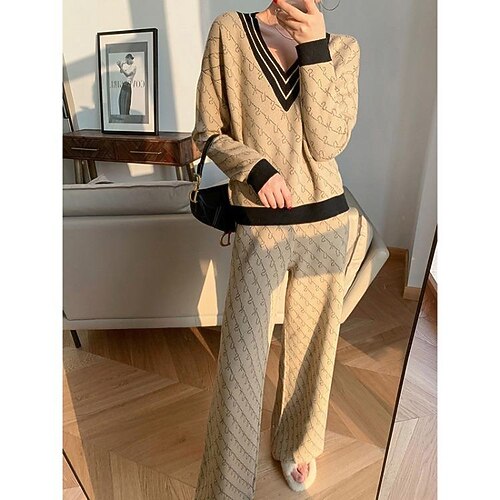 

Women's Shirt Pants Sets Basic Black Camel Casual Daily Graphic V Neck S M L XL