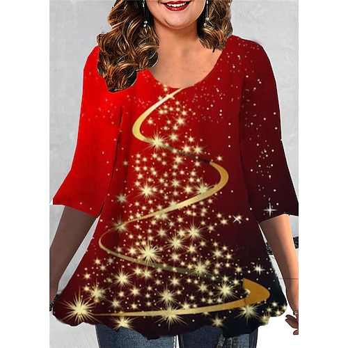 

Women's Plus Size Christmas Tops Blouse Shirt Christmas Tree Print 3/4 Length Sleeve Crewneck Casual Festival Christmas Daily Cotton Spandex Jersey Winter Fall Wine