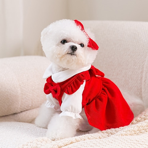 

Autumn And Winter New Puppy Bowknot Dress Suit White Base Coat Red Suspender Skirt Clip Small And Medium-sized Dog Cat Thin Pet Clothes