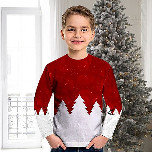

Toddler Boys Christmas T shirt Tee Christmas Tree Long Sleeve Crewneck Children Top Casual 3D Print Cute Daily Winter Fall Red 7-13 Years