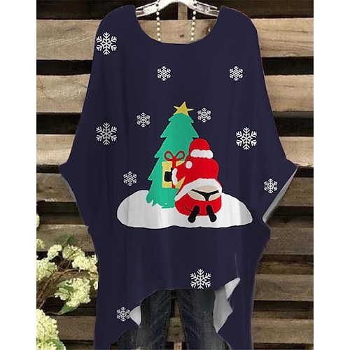 

Women's Plus Size Christmas Tops T shirt Tee Deer Santa Claus Print Half Sleeve Crew Neck Casual Festival Daily Cotton Spandex Jersey Winter Fall Red Navy Blue