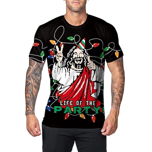 

Men's T shirt Tee Graphic Prints Crew Neck Black 3D Print Jesus Outdoor Christmas Short Sleeve Print Clothing Apparel Sports Designer Casual / Summer