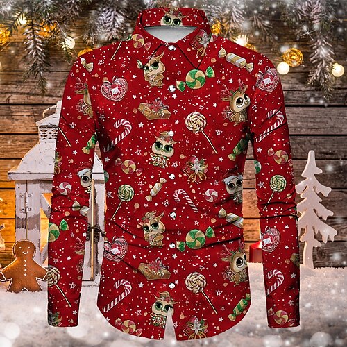 

Men's Shirt Graphic Prints Turndown Wine Green Red Beige 3D Print Christmas Street Long Sleeve Button-Down Print Clothing Apparel Fashion Designer Casual Breathable