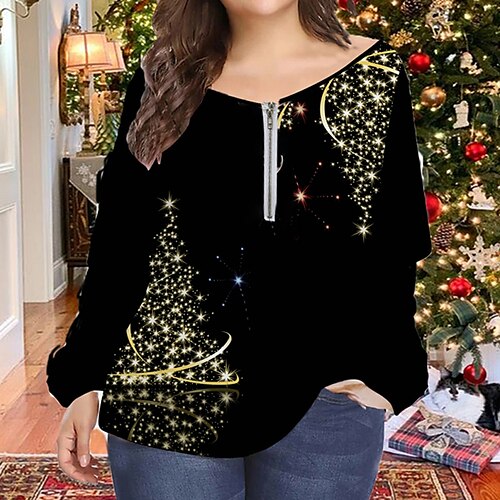 

Women's Plus Size Christmas Tops Blouse Shirt Letter Tree Zipper Print Long Sleeve V Neck Casual Holiday Daily Polyester Winter Fall Black Blue