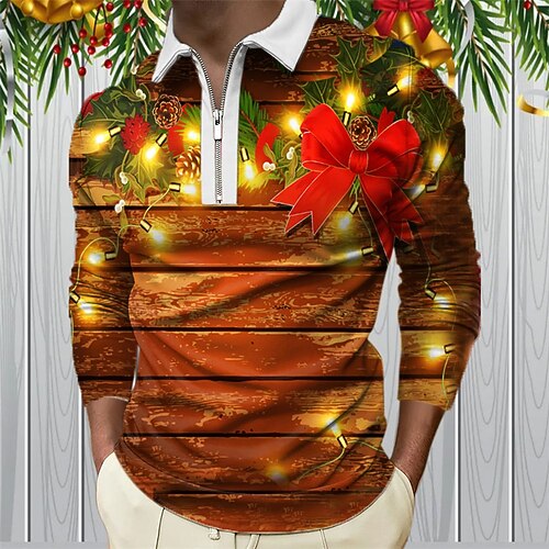 

Men's Collar Polo Shirt Golf Shirt Graphic Prints Turndown Orange 3D Print Christmas Street Long Sleeve Zipper Print Clothing Apparel Fashion Designer Casual Soft