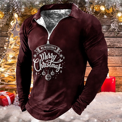 

Men's Collar Polo Shirt Golf Shirt Letter Graphic Prints Turndown Black Wine 3D Print Christmas Street Long Sleeve Zipper Print Clothing Apparel Fashion Designer Casual Soft