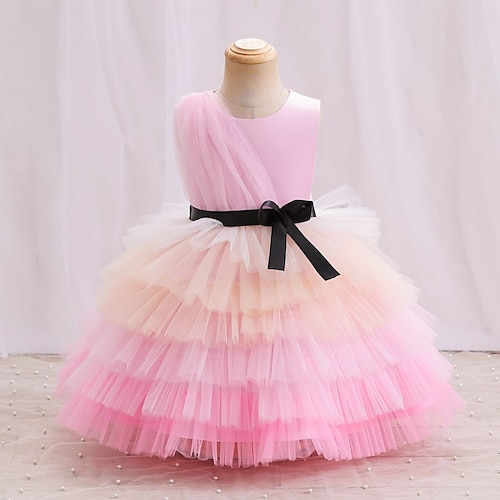 

Toddler Girls' Party Dress Solid Color Tiered Dress Midi Dress Formal Mesh Crew Neck Sleeveless Cute Dress 3-7 Years Spring Pink