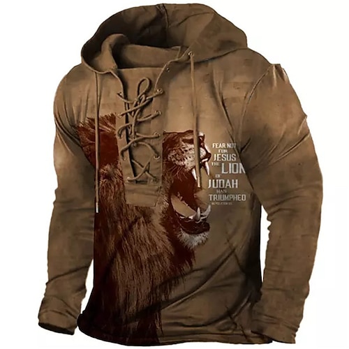 

Men's Pullover Hoodie Sweatshirt Pullover Brown Hooded Animal Lion Graphic Prints Lace up Print Casual Daily Sports 3D Print Basic Streetwear Designer Spring Fall Clothing Apparel Hoodies