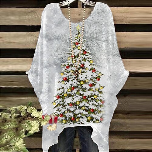 

Women's Plus Size Christmas Tops T shirt Tee Santa Claus Tree Print Half Sleeve Crew Neck Casual Festival Daily Cotton Spandex Jersey Winter Fall Wine Red