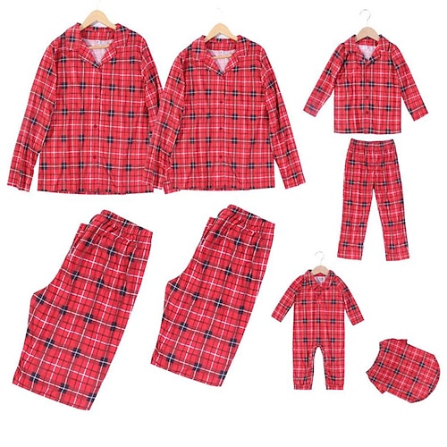 

Christmas Pajamas Family Set Ugly Plaid Home Red Long Sleeve Mom Dad and Me Daily Matching Outfits