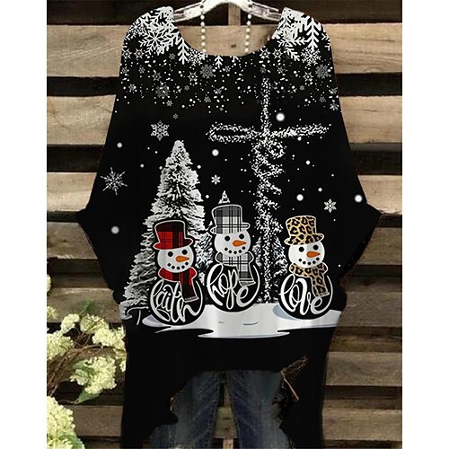 

Women's Plus Size Christmas Tops T shirt Tee Santa Claus Snowman Print Half Sleeve Crew Neck Casual Festival Daily Cotton Spandex Jersey Winter Fall Black Wine