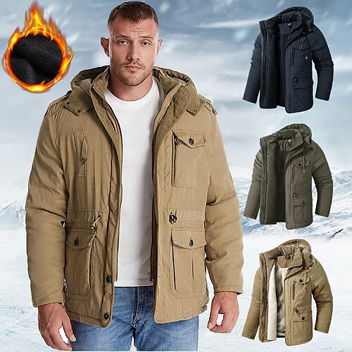 

men's winter hooded jacket military jacket warm parka windproof sherpa lined fleece jacket windbreaker thicken trench coat outerwear lightweight breathable climbing traveling fishing skiing khaki xl